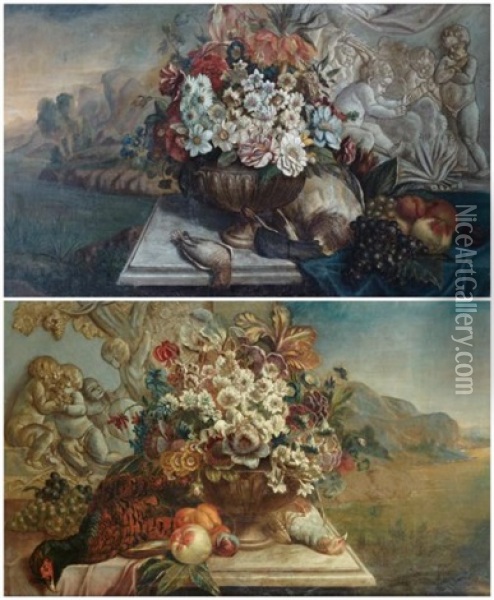 Urnes De Fleurs Et Oiseaux Oil Painting - Jean-Baptiste Monnoyer