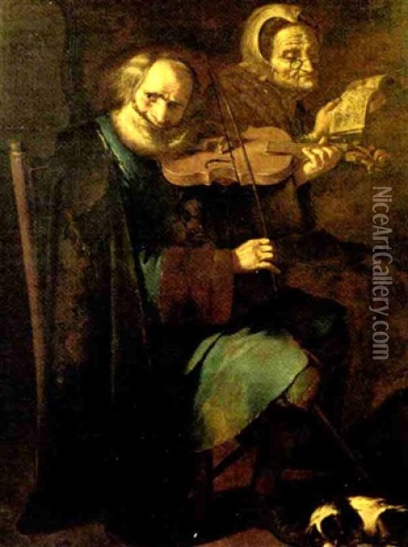 Concertino : Suonatore Di Violino E Donna Anziana In Un Interno Con Cagnolino Oil Painting - Giacomo Francesco Cipper