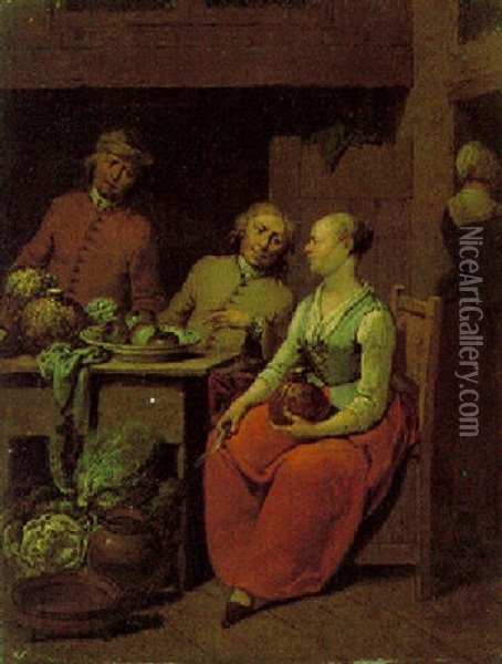A Kitchen Maid And Her Companion Preparing Vegetables Oil Painting - Jan Baptist Lambrechts