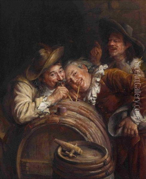 Drei Manner Bei Der Weinprobe Oil Painting - Joseph Noel Sylvestre