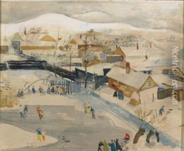 Skaters On A Frozen Pond Oil Painting - Endre Vadasz