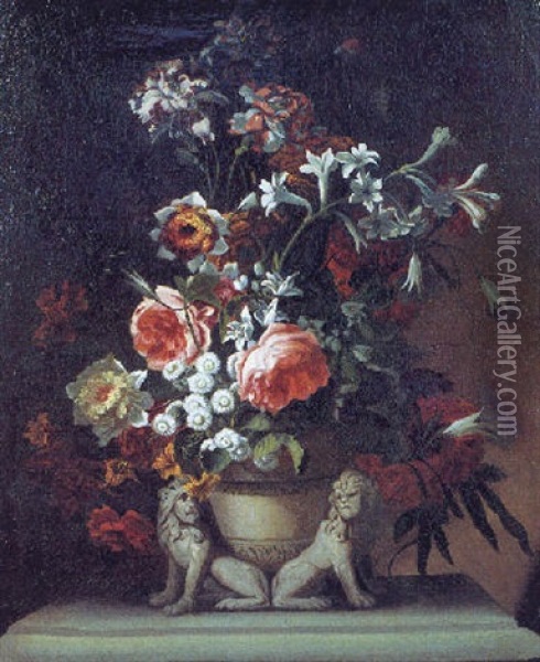 Bouquet De Fleurs Dans Un Vase Aux Lions Oil Painting - Nicolas Ricoeur