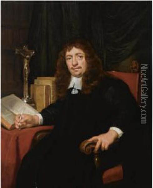 Portrait Of A Man Seated At A Table In His Study, Holding A Pen Oil Painting - Jan De Bray