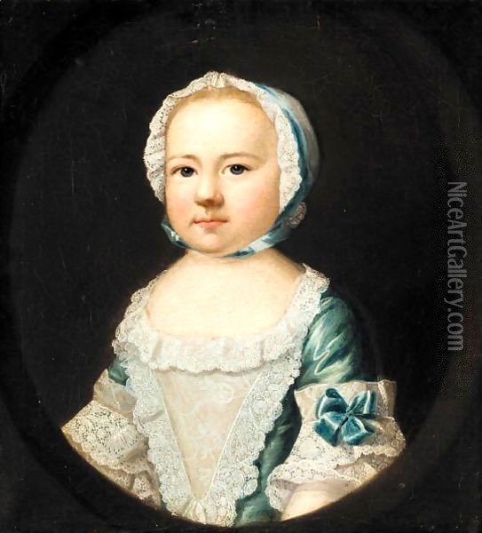 Portrait Of The Hon. Caroline Curzon, Daughter Of The 1st Baron Scarsdale, When A Child, Half Length, Wearing A Blue Silk Dress And A White Lace Cap Oil Painting - Josepf Wright Of Derby