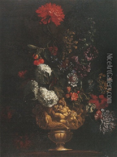 Bouquet De Fleurs Dans Un Vase Sculpte Representant Une Bacchanale Oil Painting - Antoine Monnoyer