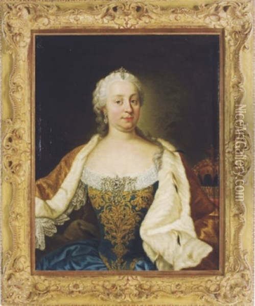 Portrait Of Maria Theresa, Archduchess Of Austria Wearing A Blue Satin Dress With An Ermine Cloak Oil Painting - Martin van Meytens the Younger