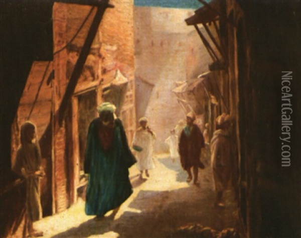 Fez, Mosquee De Moulaye Idriss, Le Mur Des Offrandes (+ Rue Animee, Fez; 2 Works) Oil Painting - Joseph Saint-Germier