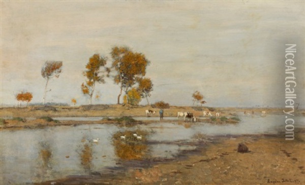 River Landscape With Cows Oil Painting - Eugen Jettel