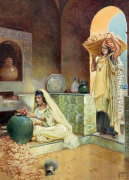 In The Courtyard Of A Harem And The Perfume Maker (2) Oil Painting - Vittorio Rappini