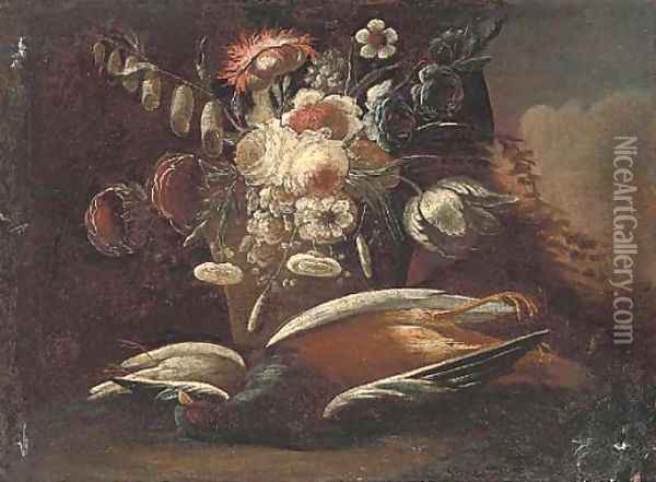 Still life of a dead pheasant and song bird Oil Painting - Christian Georg II Schutz or Schuz