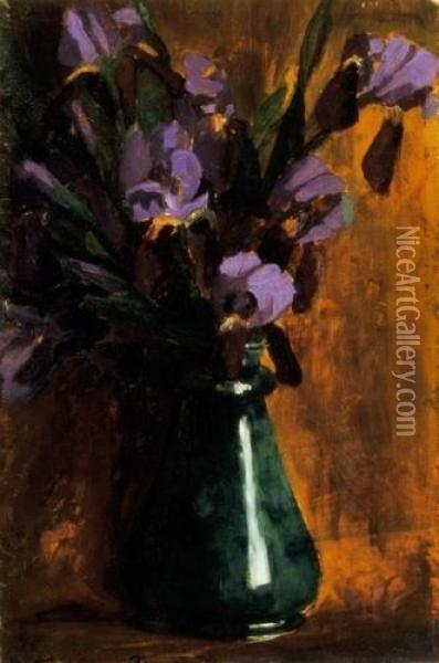 Irises In Green Glass Vase Oil Painting - Janos Vaszary