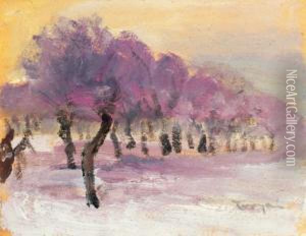 Winter Landscape With Purple Lights Oil Painting - Janos Tornyai