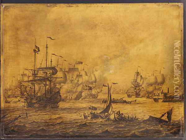 A naval engagement between English and Dutch men-of-war - a penschilderij Oil Painting - Adriaen or Abraham Salm