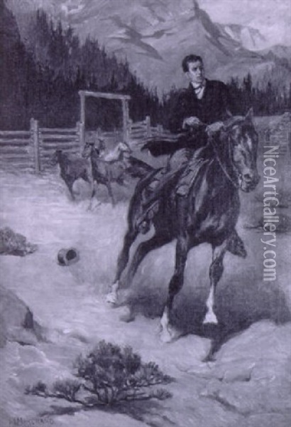 Townsman Letting Horses Out Of Their Corral, Racing Away On Horse Oil Painting - John (Norval) Marchand