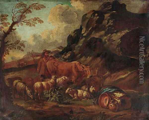 A mountainous landscape with a herdsman in the foreground Oil Painting - Domenico Brandi