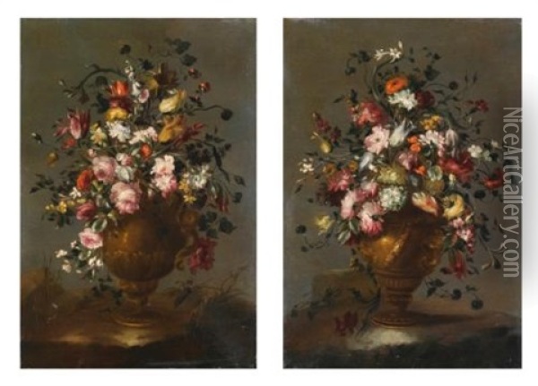 Two Still Lifes With Roses, Tulips, Viburnums, Sunflower, Poppies And Other Flowers In A Vase (pair) Oil Painting -  Pseudo Guardi