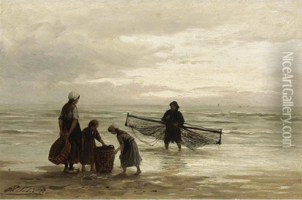 A Shrimper On The Beach Oil Painting - Frederik Lodewijk Huygens