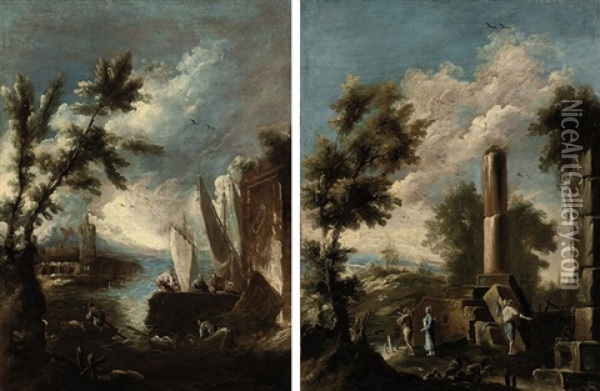 A Wooded Landscape With Figures Amongst Ruins (+ A Coastal Landscape With Figures By A Boat; Pair) Oil Painting - Antonio Francesco Peruzzini