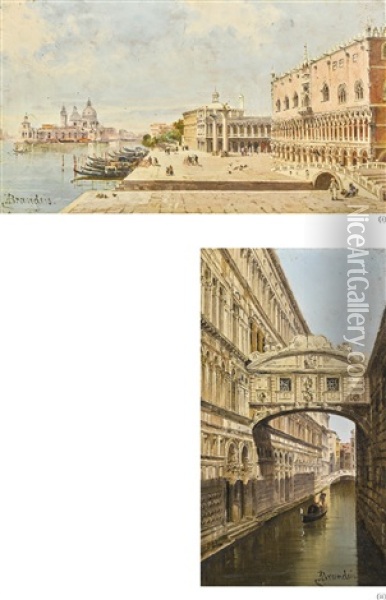 The Bridge Of Sighs And The Doge's Palace, Venice; A Pair Oil Painting - Antonietta Brandeis
