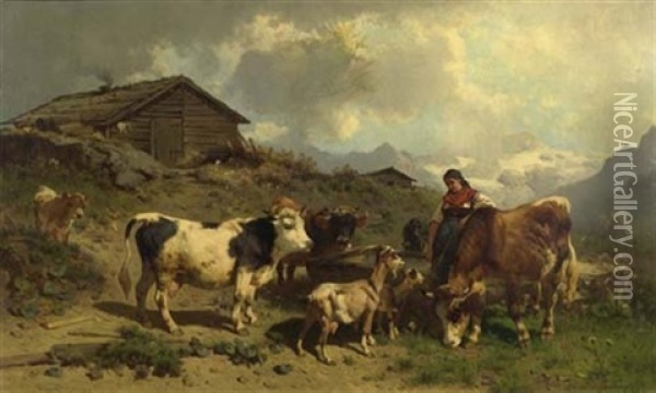 Hirten Mit Kuhen Vor Alpenlandschaft Oil Painting - Conrad Buehlmayer