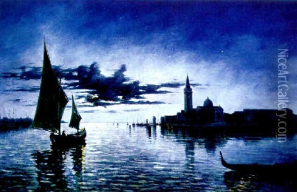Mond Uber Der Lagune Von Venedig, Mit Blick Auf San Giorgio, Segelboot Und Gondel Oil Painting - Marcel Cogniet