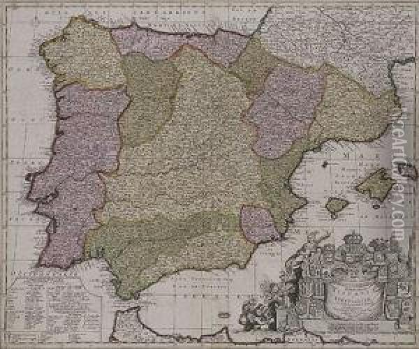Mapa De Espana Y Portugal Regnorum Hispanie Et Portugalliae Oil Painting - Pieter I Schenck
