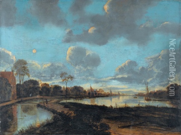 Hollandische Flusslandschaft Bei Mondschein Oil Painting - Aert van der Neer