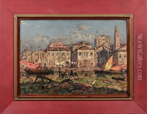 Chioggia; Canale Lombardo (pair) Oil Painting - Angelo Pavan