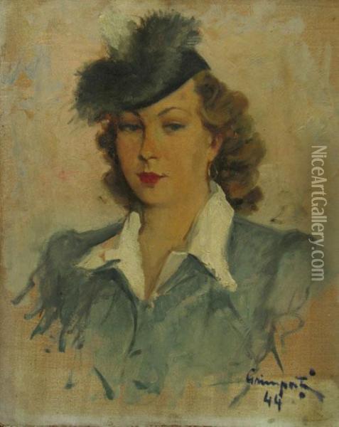 Portret De Femeie Cu Palarie Oil Painting - Stelian Popescu Ghimpati