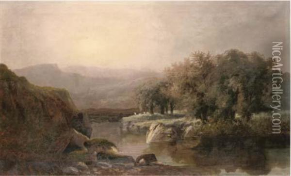 A Tranquil Stretch On The River Oil Painting - W.B. Henley