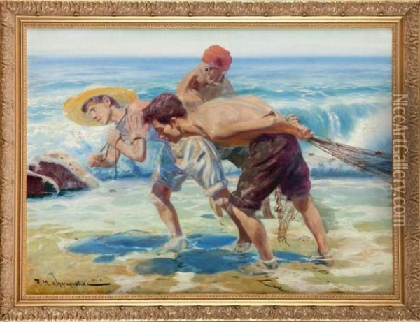 Rybacy Ciagnacysiec Oil Painting - Feliks M. Wygrzywalski