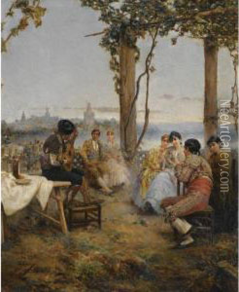 Cante Andaluz Con Sevilla Al Fondo (an Afternoon's Amusements, Seville) Oil Painting - Manuel Ramirez - Ibanez