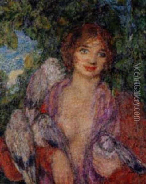 Jeune Femme A L'oiseau Oil Painting - Edmond Francois Aman-Jean