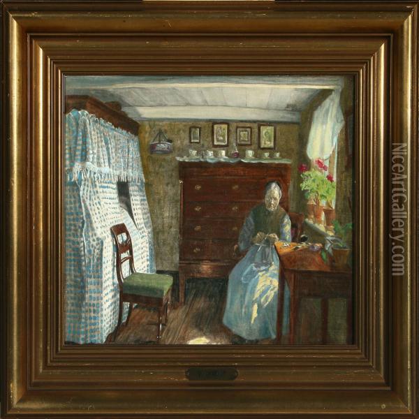 Interior With An Old Woman Oil Painting - Valdemar Kornerup