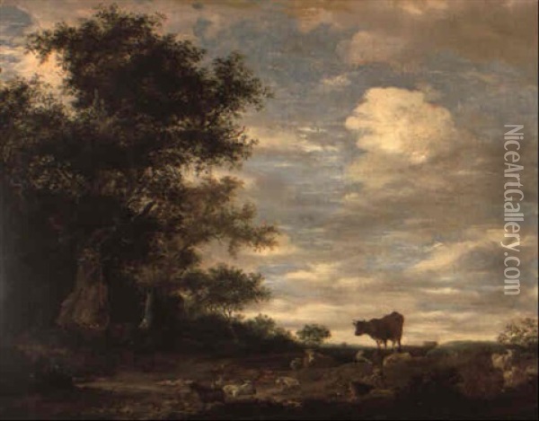 Landschaft Mit Hirte, Ziege, Schafen Und Kuhen Oil Painting - Jacob Salomonsz van Ruysdael