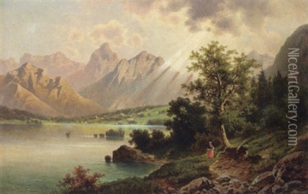 Blick Auf Eine Seelandschaft Mit Bergkette Oil Painting - Anton Pick