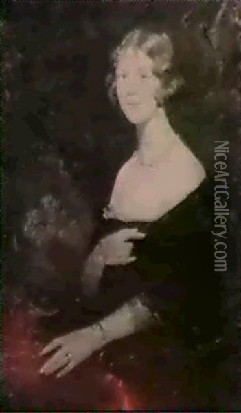 A Portrait Of A Young Lady, Seated 3/4 Length, Wearing A    Black Dress & Pearl Necklace. Oil Painting - Simon Maris