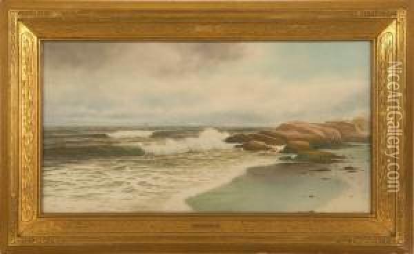Beach Scene With Crashing Waves And Distant Ship. Oil Painting - George Howell Gay