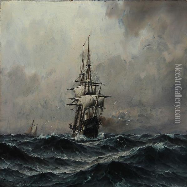 Seascape With A Sailing Ship In High Waves Oil Painting - Lauritz B. Holst