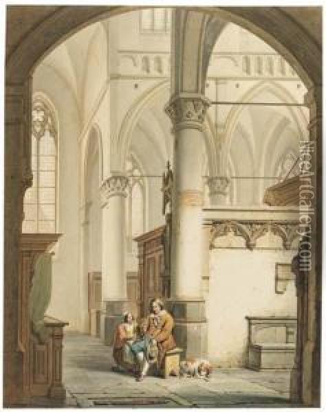 A Father And His Daughter In A Church, A Dog Nearby Oil Painting - George Harvey