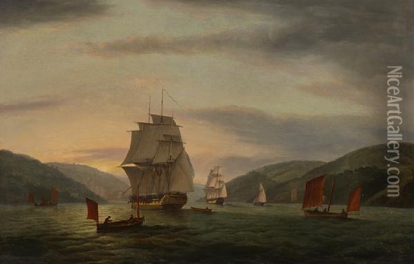 A Frigate Lugger And Merchant Ship In Dartmouth Harbor Oil Painting - Thomas Luny