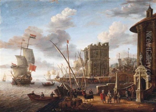 A Capriccio Of A Mediterranean Harbour With The Temple Of Vesta And A Triumphal Arch Oil Painting - Jacobus Storck