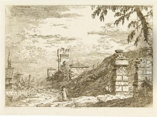 Paesaggio Con Torre E Due Pilastri In Rovina. Oil Painting - (Giovanni Antonio Canal) Canaletto