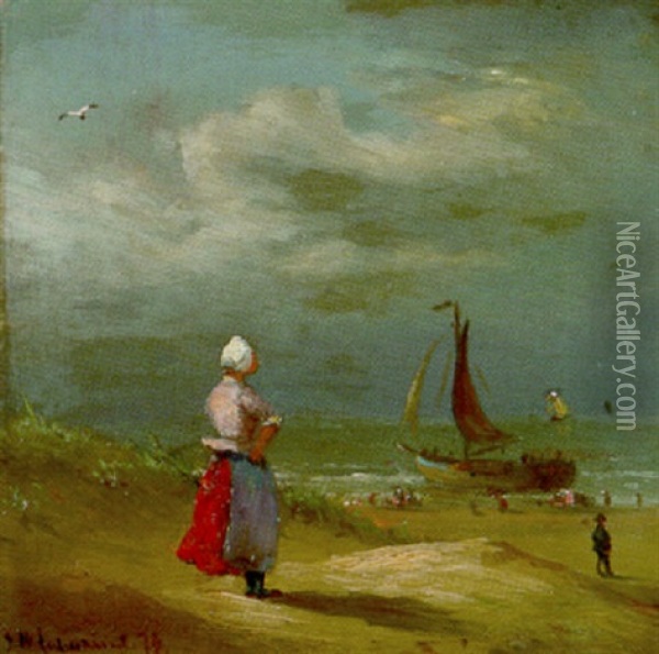 Hollanderin Am Strand Bei Ruckkehr Der Fischerboote Oil Painting - Friedrich Wilhelm Fabarius