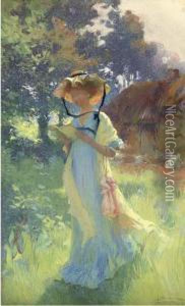 A Read In The Garden Oil Painting - Henri-Gaston Darien