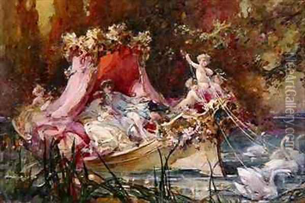A Lovers' Barge Drawn by Swans Oil Painting - Maynard Brown