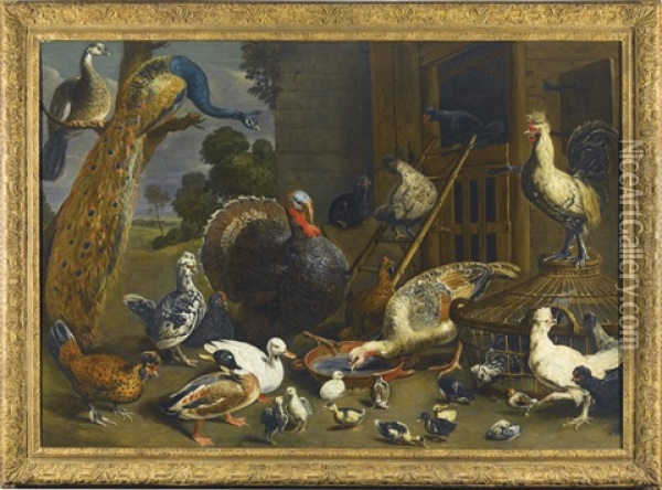 A Variety Of Birds Including A Peacock, Turkey, Chickens, And Ducks With Their Young Drinking, Playing And Pecking About In A Yard Oil Painting - Adriaen van Utrecht