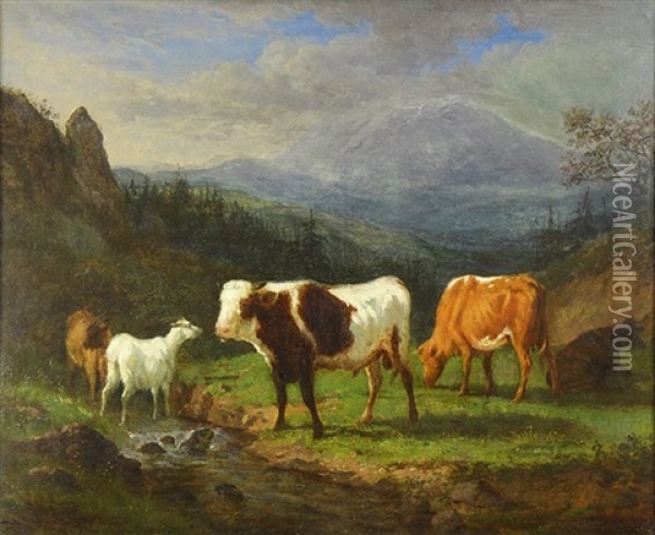 Cattle And Goats By A Stream Oil Painting - Victor de Grailly