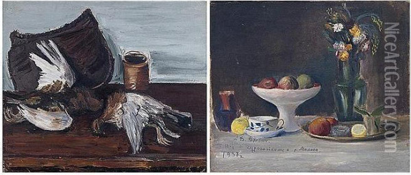 Signed L.l. And Inscribed In Russian Still Life With Quails, River Mologa And Dated 1937 Oil Painting - Alexander Drevin