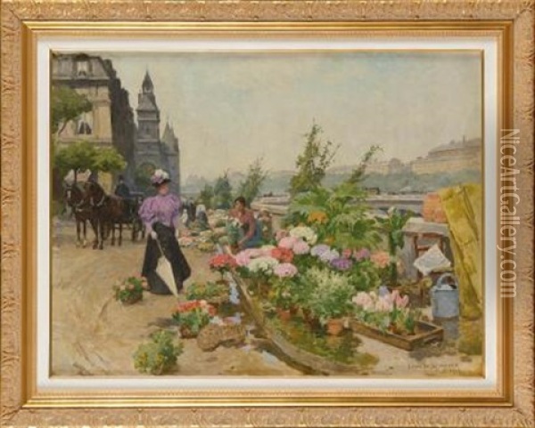 Le Marche Aux Fleurs, Quai De La Corse Oil Painting - Louis Marie de Schryver